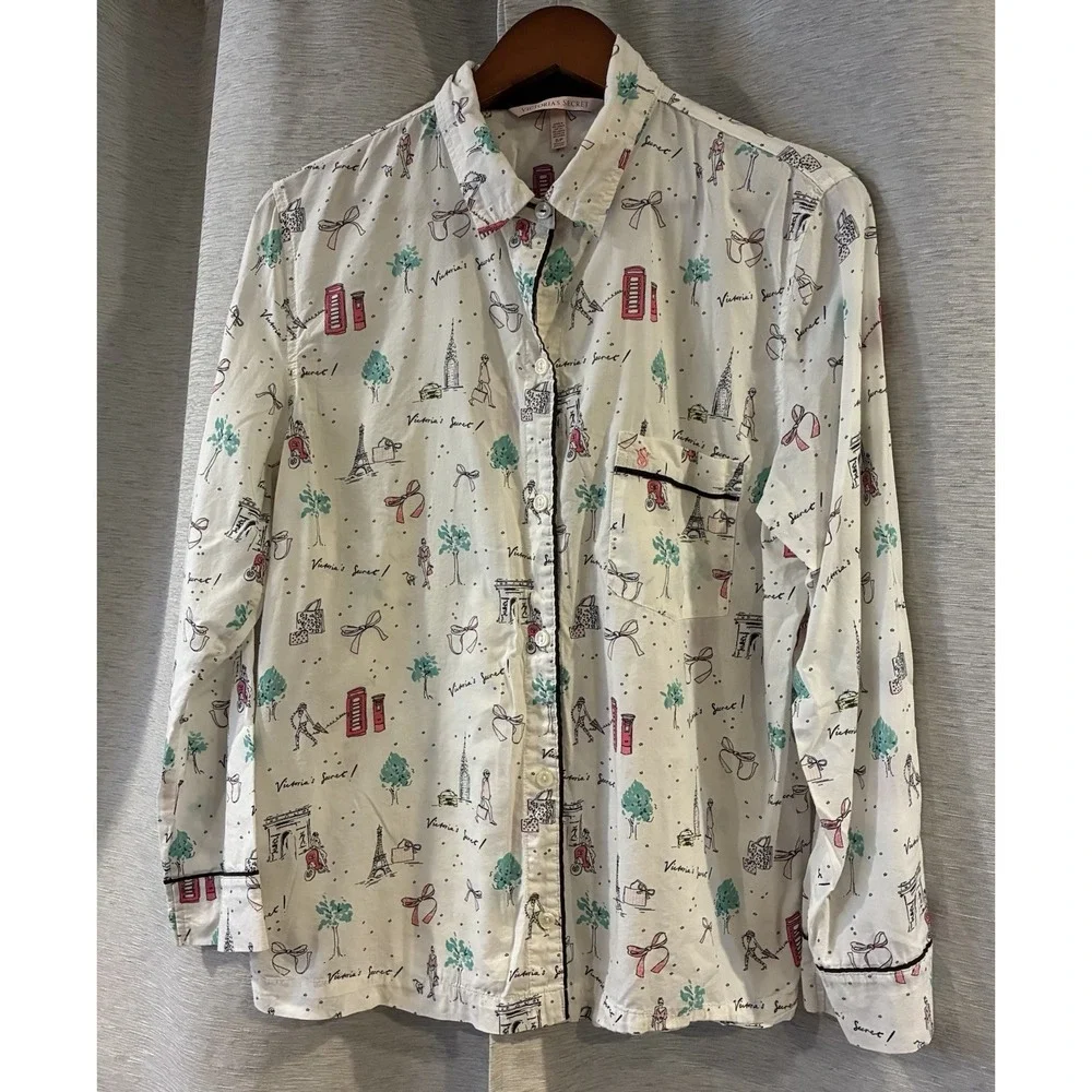 Victorias Secret London Paris Travel AOP Button Up Pajama Set Small Multicolor